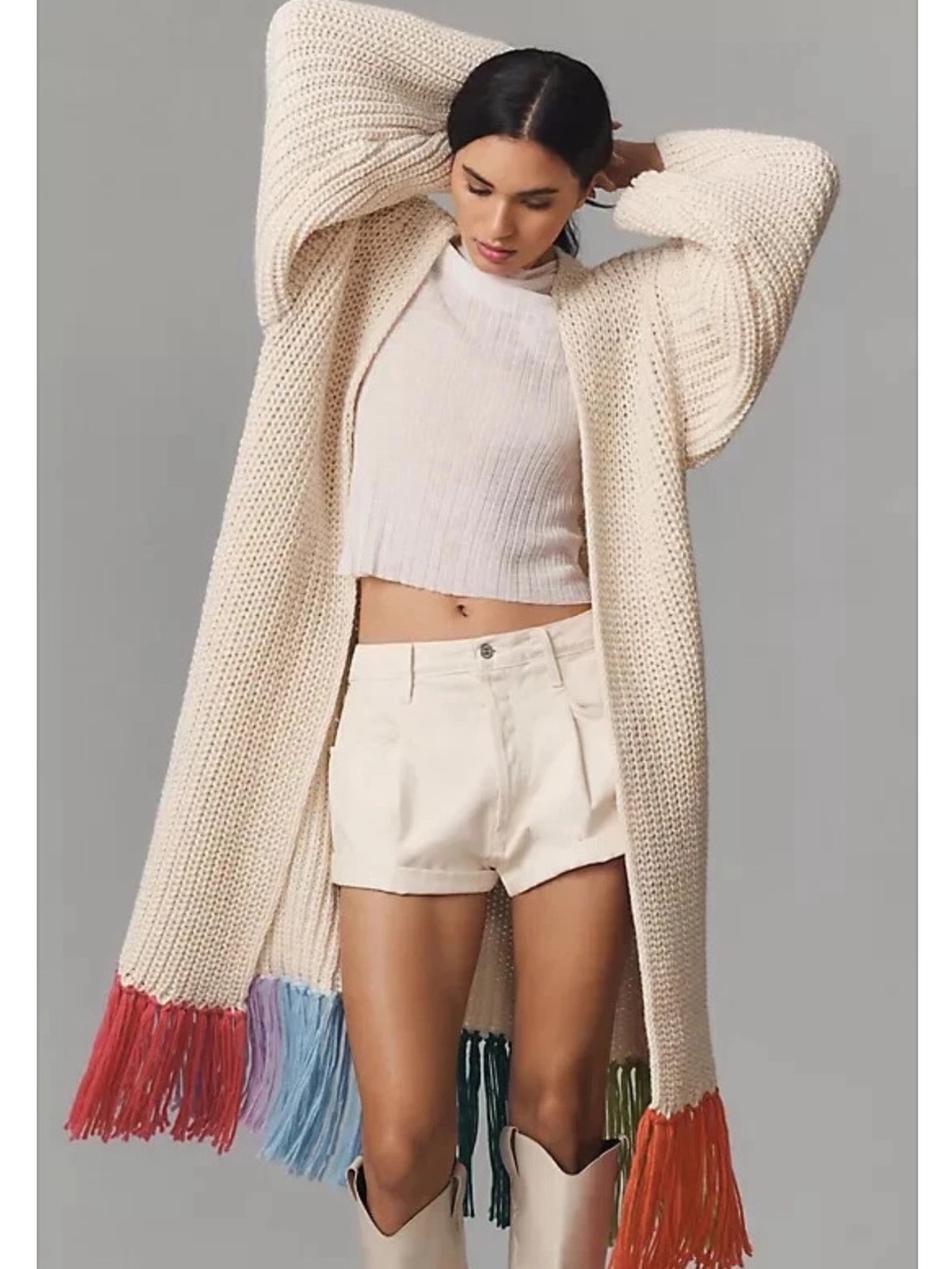 Anthropologie Long Fringe Cardigan Sweater Duster Kimono OS One Size Rainbow
